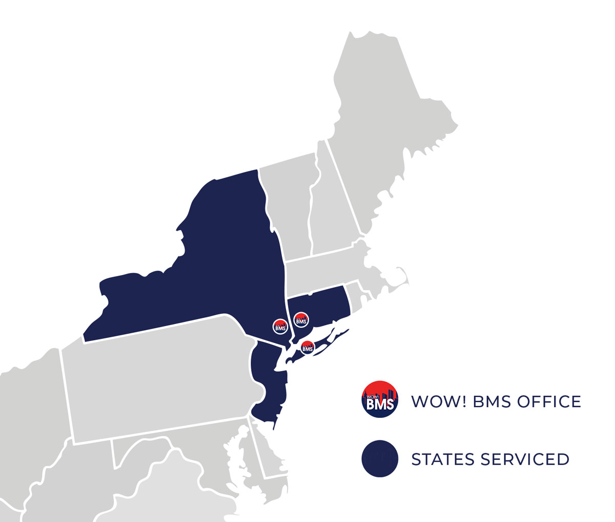 Map of Northeast USA with New York, New Jersey, and Connecticut colored in dark blue and the WOW! BMS logo in the 3 office locations.