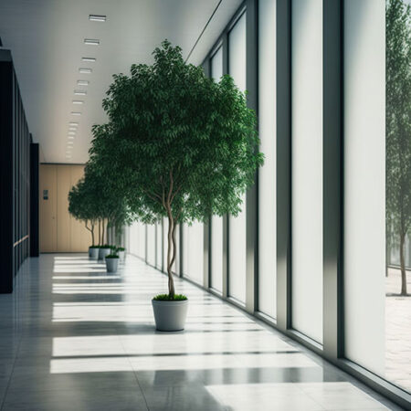 Modern-office-building-with-an-empty-hallway-and-a-green-tree-outside-the-window